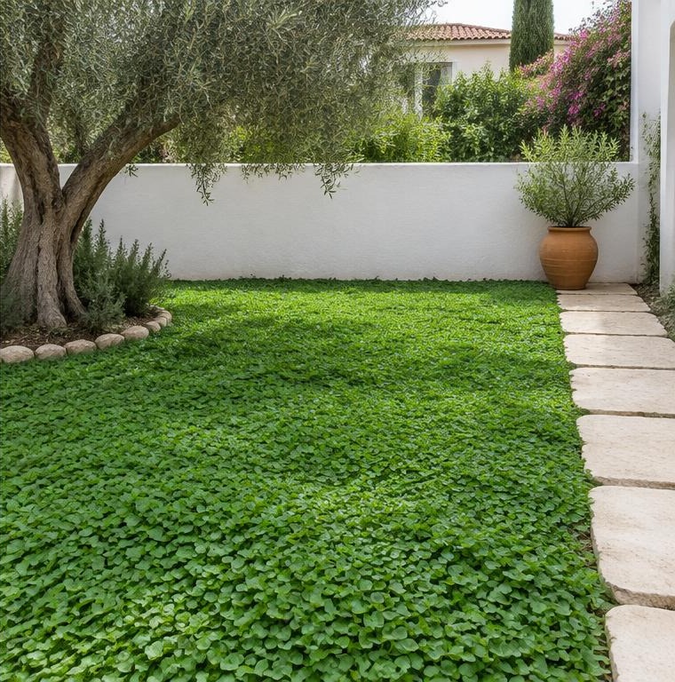 Dichondra ile kaplı yeşil bahçe, temsili görünüm